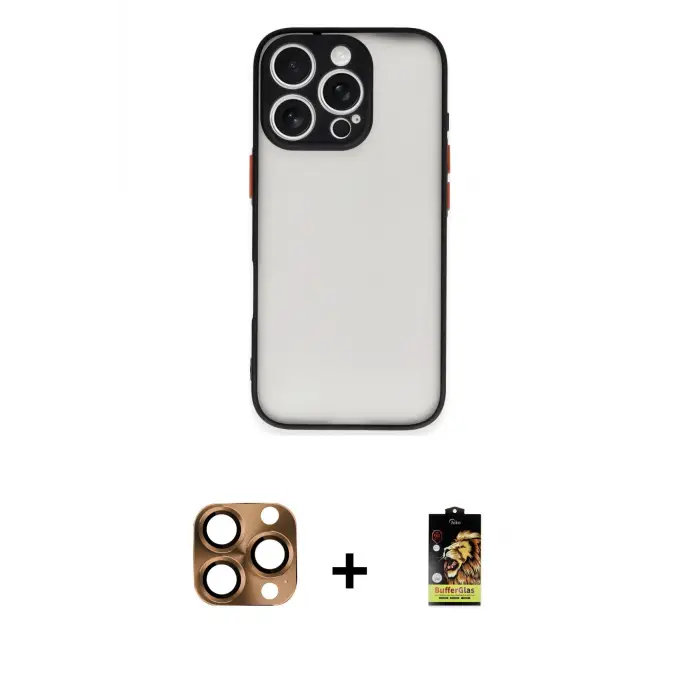 ieg™ iPhone 16 Pro Max Kılıf Ahenk Çizgi Serisi - Siyah Buffer Cam Ekran Koruyucu + Pers Alüminyum Kamera Lens - CLTM