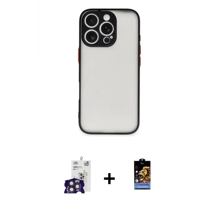 ieg™ iPhone 16 Pro Max Kılıf Ahenk Çizgi Serisi - Siyah Buffer Hayalet Cam Ekran Koruyucu + Bilvis Titan Kamera Lens - TMGI