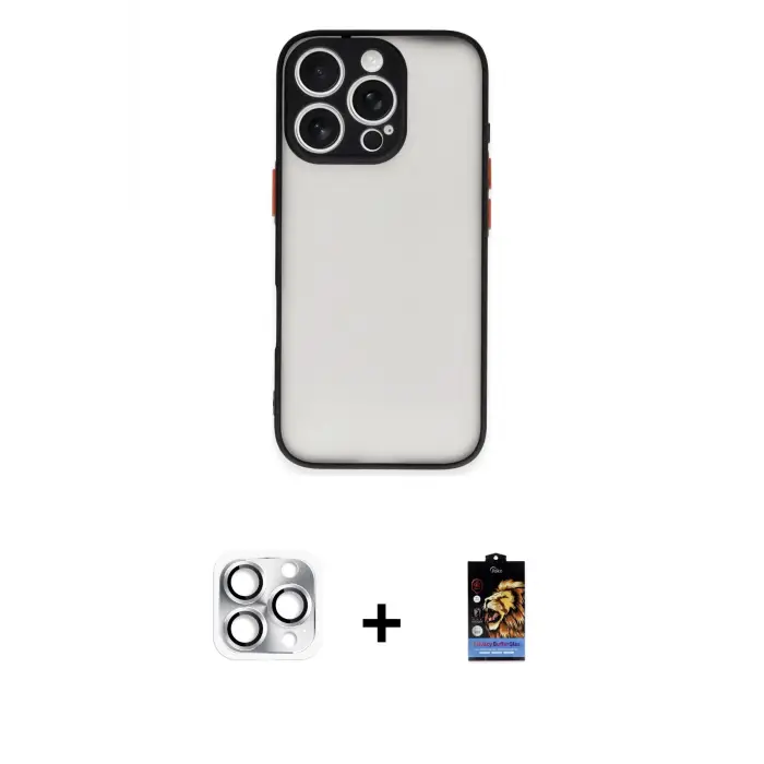 ieg™ iPhone 16 Pro Max Kılıf Ahenk Çizgi Serisi - Siyah Buffer Hayalet Cam Ekran Koruyucu + Pers Alüminyum Kamera Lens - GS