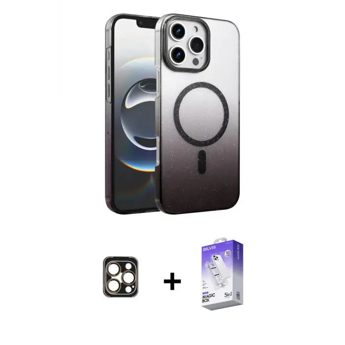 ieg™ iPhone 16 Pro Max Kılıf Ahenk Doku Özel Seri - Siyah Bilvis 5in1 3D Magic Cam Ekran Koruyucu + PVD Metal Kamera Lens - GD