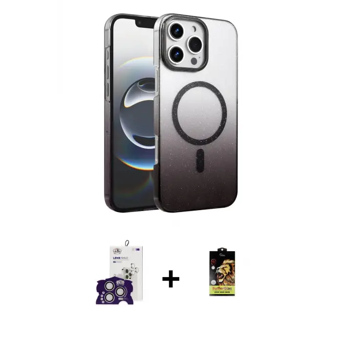 ieg™ iPhone 16 Pro Max Kılıf Ahenk Doku Özel Seri - Siyah Buffer Cam Ekran Koruyucu + Bilvis Titan Kamera Lens - GS