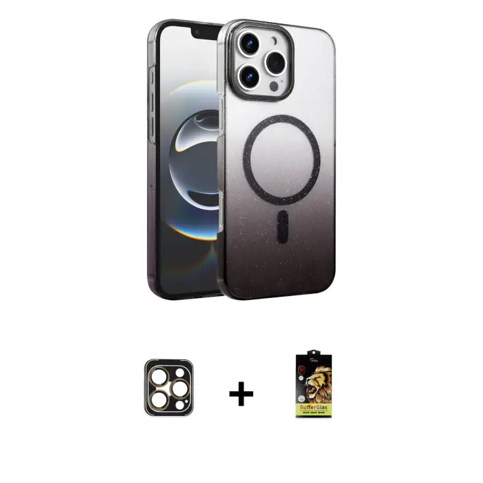 ieg™ iPhone 16 Pro Max Kılıf Ahenk Doku Özel Seri - Siyah Buffer Cam Ekran Koruyucu + PVD Metal Kamera Lens - GD