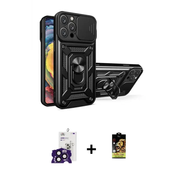 ieg™ iPhone 16 Pro Max Kılıf Ahenk Klasik - Siyah Buffer Cam Ekran Koruyucu + Bilvis Titan Kamera Lens - SH