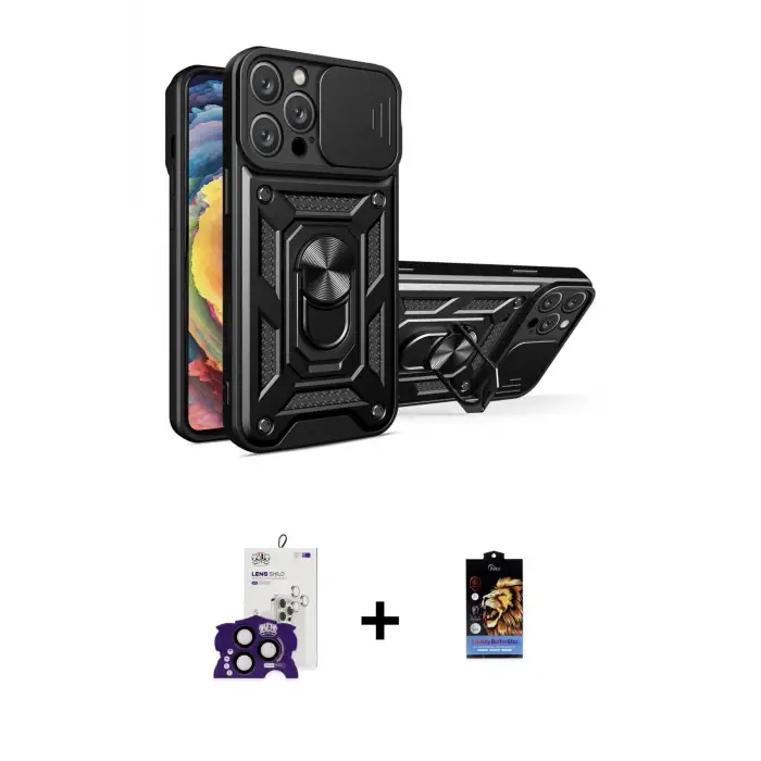 ieg™ iPhone 16 Pro Max Kılıf Ahenk Klasik - Siyah Buffer Hayalet Cam Ekran Koruyucu + Bilvis Titan Kamera Lens - SH