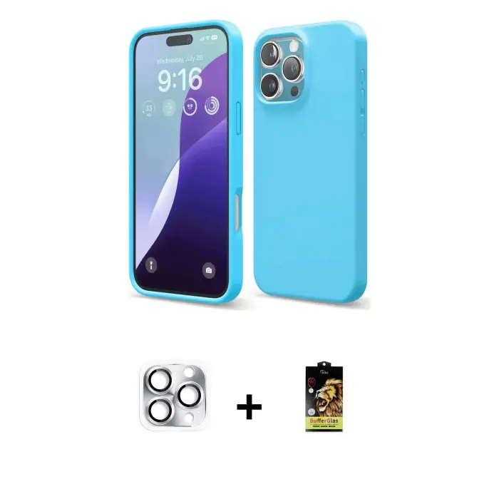 ieg™ iPhone 16 Pro Max Kılıf Ahenk Serisi - Siyah Buffer Cam Ekran Koruyucu + Pers Alüminyum Kamera Lens - GS