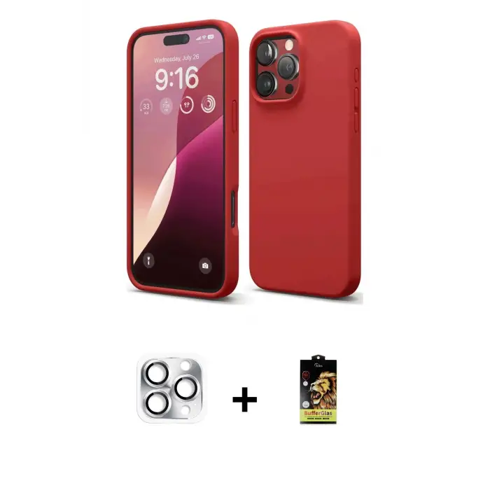 ieg™ iPhone 16 Pro Max Kılıf Ahenk Serisi - Siyah Buffer Cam Ekran Koruyucu + Pers Alüminyum Kamera Lens - GS