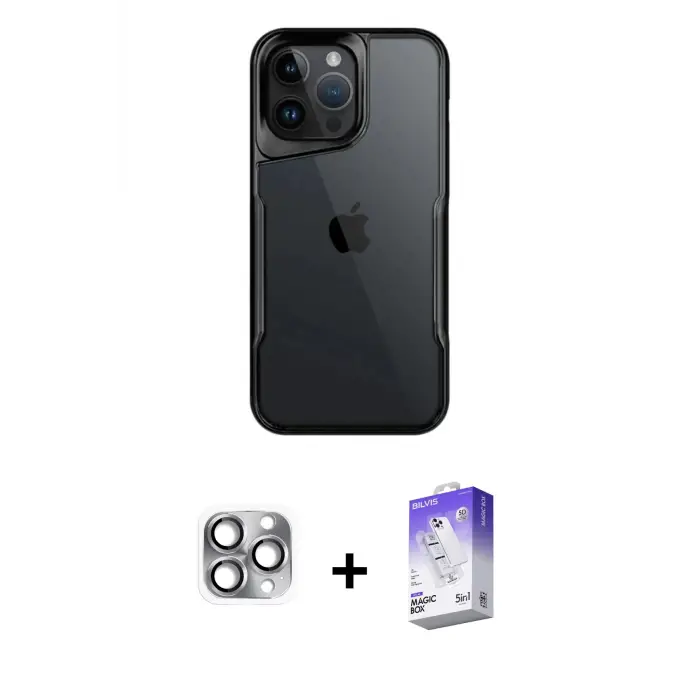 ieg™ iPhone 16 Pro Max Kılıf Akış Çizgi Koleksiyonu - Siyah Bilvis 5in1 3D Magic Cam Ekran Koruyucu + Pers Alüminyum Kamera Lens - GI
