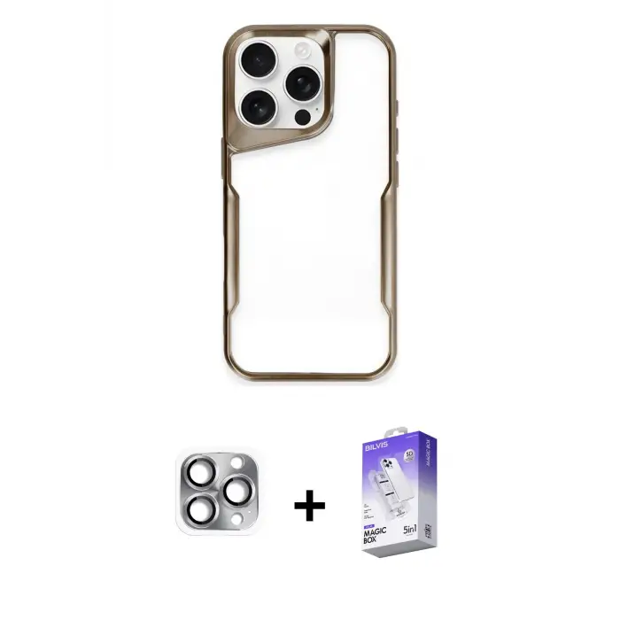 ieg™ iPhone 16 Pro Max Kılıf Akış Çizgi Koleksiyonu - Siyah Bilvis 5in1 3D Magic Cam Ekran Koruyucu + Pers Alüminyum Kamera Lens - GI