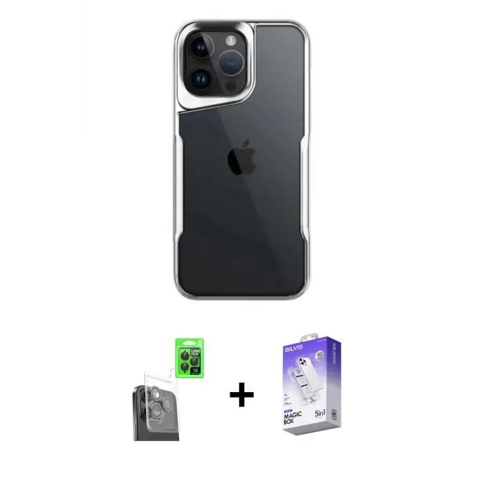 ieg™ iPhone 16 Pro Max Kılıf Akış Çizgi Koleksiyonu - Siyah Bilvis 5in1 3D Magic Cam Ekran Koruyucu + Raze Metal Kamera Lens - SH