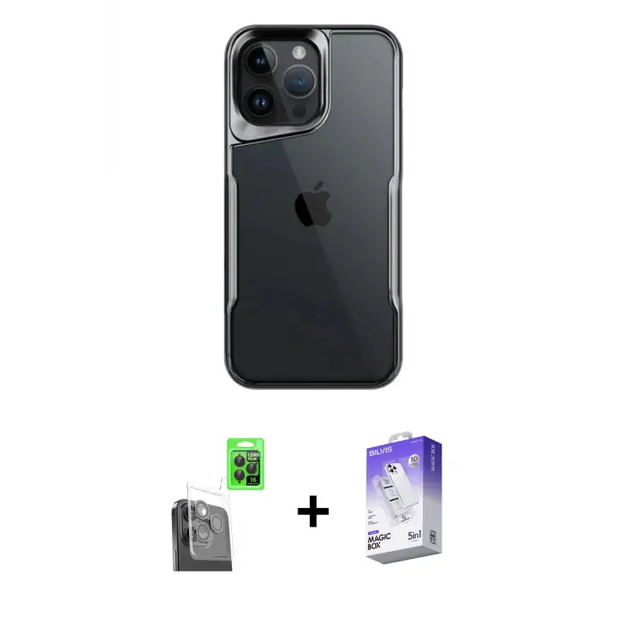 ieg™ iPhone 16 Pro Max Kılıf Akış Çizgi Koleksiyonu - Siyah Bilvis 5in1 3D Magic Cam Ekran Koruyucu + Raze Metal Kamera Lens - SH