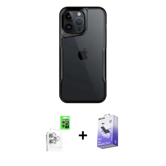 ieg™ iPhone 16 Pro Max Kılıf Akış Çizgi Koleksiyonu - Siyah Bilvis 5in1 5D Magic Hayalet Cam Ekran Koruyucu + Raze Metal Kamera Lens - BZ