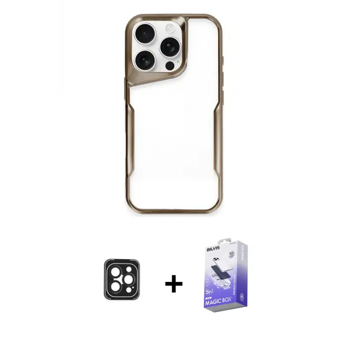 ieg™ iPhone 16 Pro Max Kılıf Akış Çizgi Koleksiyonu - Siyah Bilvis 5in1 5D Magic Hayalet Cam Ekran Koruyucu + PVD Metal Kamera Lens - SH
