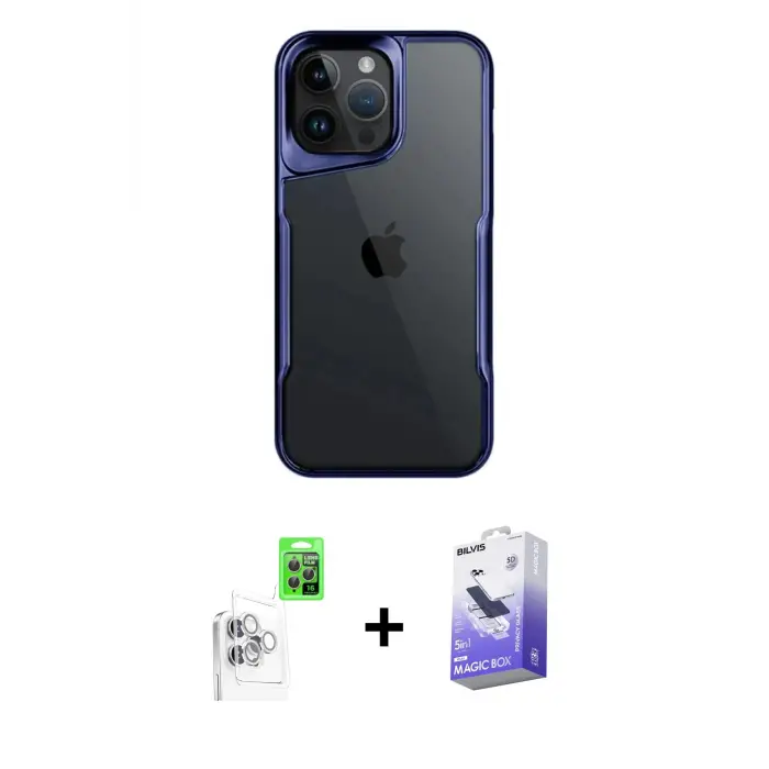 ieg™ iPhone 16 Pro Max Kılıf Akış Çizgi Koleksiyonu - Siyah Bilvis 5in1 5D Magic Hayalet Cam Ekran Koruyucu + Raze Metal Kamera Lens - BZ
