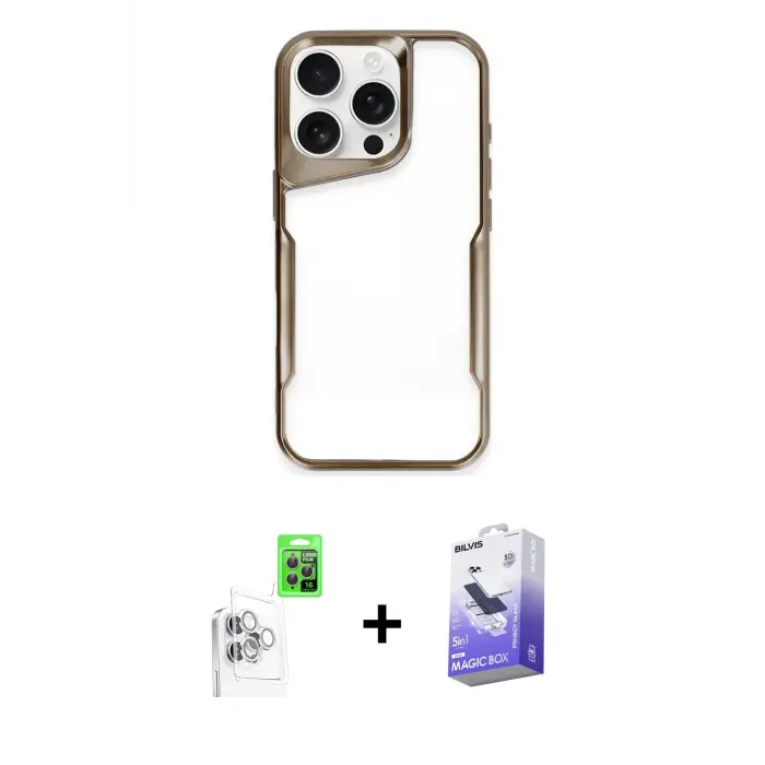 ieg™ iPhone 16 Pro Max Kılıf Akış Çizgi Koleksiyonu - Siyah Bilvis 5in1 5D Magic Hayalet Cam Ekran Koruyucu + Raze Metal Kamera Lens - BZ