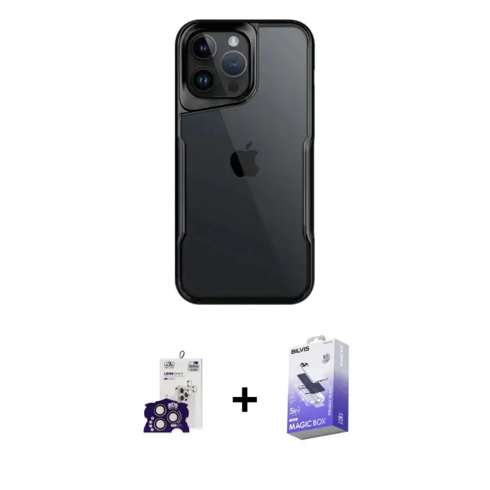 ieg™ iPhone 16 Pro Max Kılıf Akış Çizgi Koleksiyonu - Siyah Bilvis 5in1 5D Magic Hayalet Cam Ekran Koruyucu + Bilvis Titan Kamera Lens - TMGI