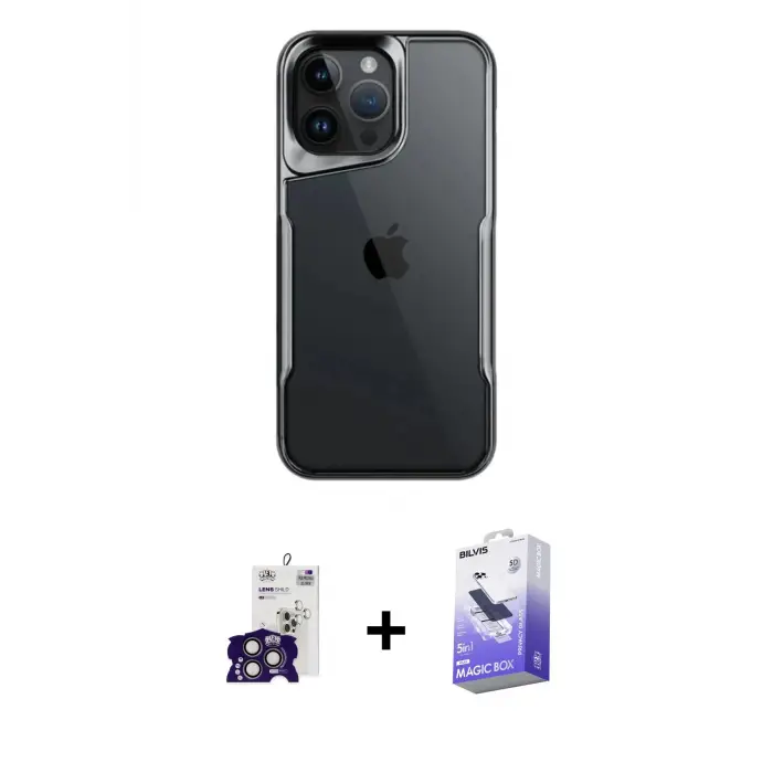 ieg™ iPhone 16 Pro Max Kılıf Akış Çizgi Koleksiyonu - Siyah Bilvis 5in1 5D Magic Hayalet Cam Ekran Koruyucu + Bilvis Titan Kamera Lens - TMGI
