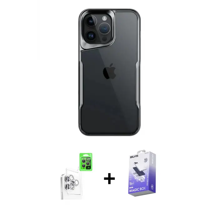 ieg™ iPhone 16 Pro Max Kılıf Akış Çizgi Koleksiyonu - Siyah Bilvis 5in1 5D Magic Hayalet Cam Ekran Koruyucu + Raze Metal Kamera Lens - BZ