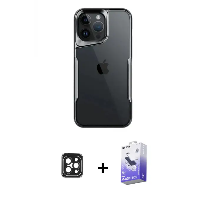 ieg™ iPhone 16 Pro Max Kılıf Akış Çizgi Koleksiyonu - Siyah Bilvis 5in1 5D Magic Hayalet Cam Ekran Koruyucu + PVD Metal Kamera Lens - SH