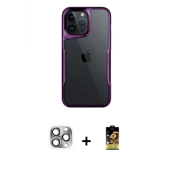 ieg™ iPhone 16 Pro Max Kılıf Akış Çizgi Koleksiyonu - Siyah Buffer Cam Ekran Koruyucu + Pers Alüminyum Kamera Lens - GI
