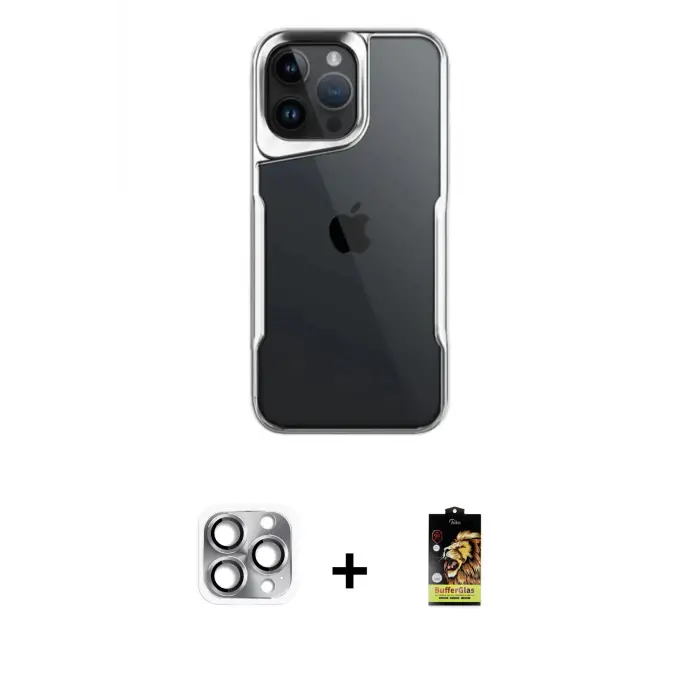 ieg™ iPhone 16 Pro Max Kılıf Akış Çizgi Koleksiyonu - Siyah Buffer Cam Ekran Koruyucu + Pers Alüminyum Kamera Lens - GI