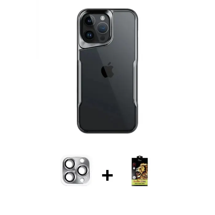 ieg™ iPhone 16 Pro Max Kılıf Akış Çizgi Koleksiyonu - Siyah Buffer Cam Ekran Koruyucu + Pers Alüminyum Kamera Lens - GI