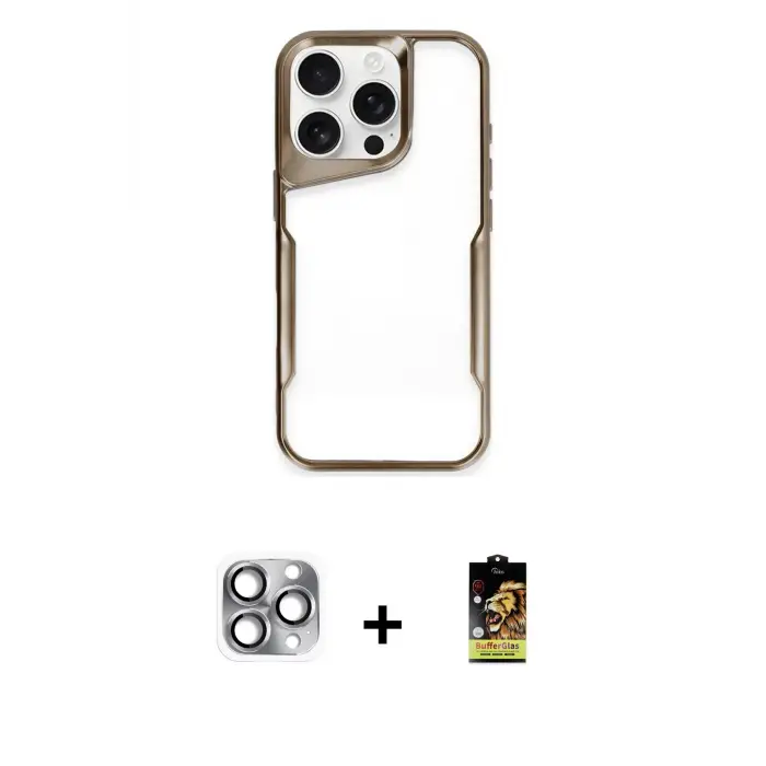 ieg™ iPhone 16 Pro Max Kılıf Akış Çizgi Koleksiyonu - Siyah Buffer Cam Ekran Koruyucu + Pers Alüminyum Kamera Lens - GI