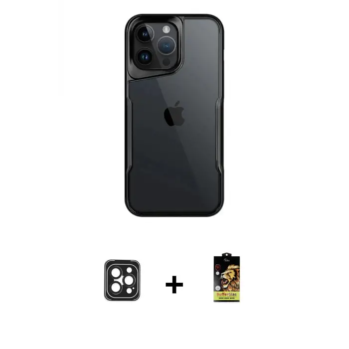 ieg™ iPhone 16 Pro Max Kılıf Akış Çizgi Koleksiyonu - Siyah Buffer Cam Ekran Koruyucu + PVD Metal Kamera Lens - SH