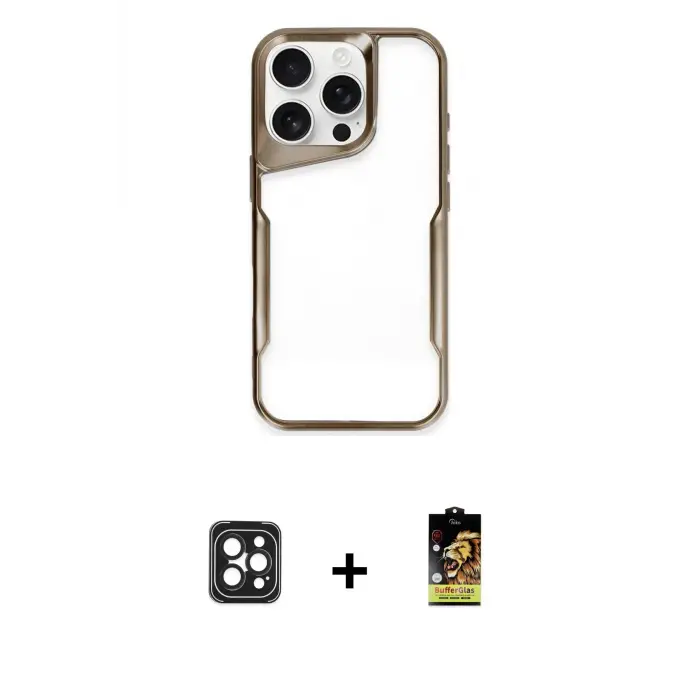 ieg™ iPhone 16 Pro Max Kılıf Akış Çizgi Koleksiyonu - Siyah Buffer Cam Ekran Koruyucu + PVD Metal Kamera Lens - SH