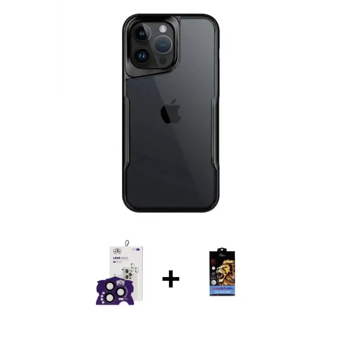 ieg™ iPhone 16 Pro Max Kılıf Akış Çizgi Koleksiyonu - Siyah Buffer Hayalet Cam Ekran Koruyucu + Bilvis Titan Kamera Lens - SH