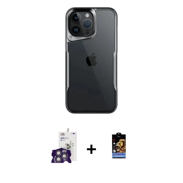 ieg™ iPhone 16 Pro Max Kılıf Akış Çizgi Koleksiyonu - Siyah Buffer Hayalet Cam Ekran Koruyucu + Bilvis Titan Kamera Lens - GS