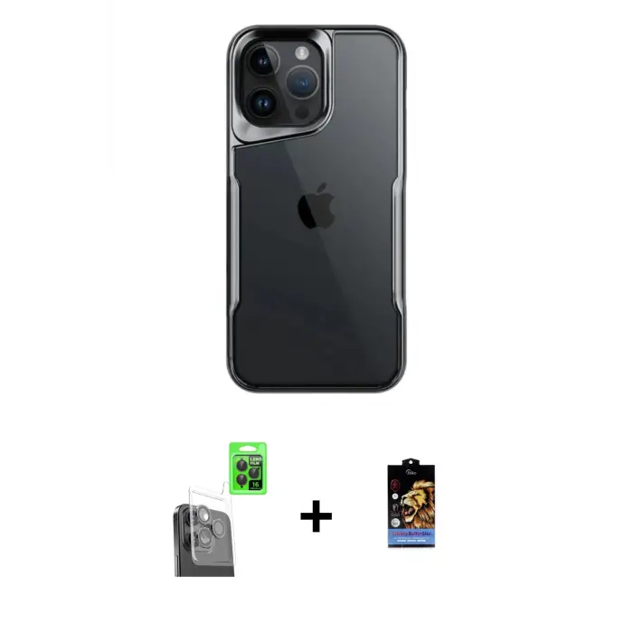 ieg™ iPhone 16 Pro Max Kılıf Akış Çizgi Koleksiyonu - Siyah Buffer Hayalet Cam Ekran Koruyucu + Raze Metal Kamera Lens - SH