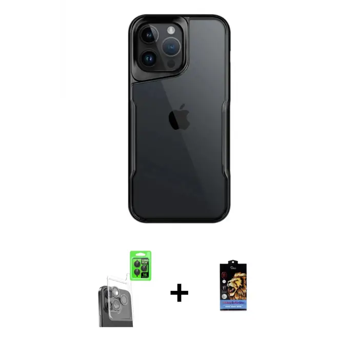 ieg™ iPhone 16 Pro Max Kılıf Akış Çizgi Koleksiyonu - Siyah Buffer Hayalet Cam Ekran Koruyucu + Raze Metal Kamera Lens - SH