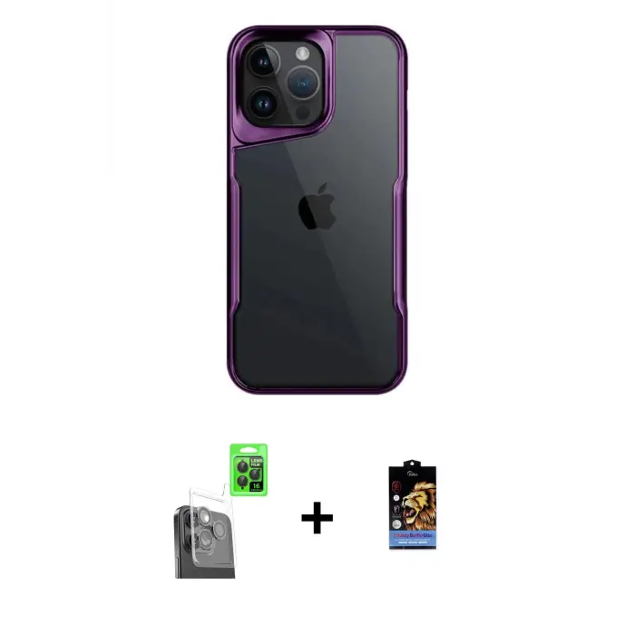 ieg™ iPhone 16 Pro Max Kılıf Akış Çizgi Koleksiyonu - Siyah Buffer Hayalet Cam Ekran Koruyucu + Raze Metal Kamera Lens - SH