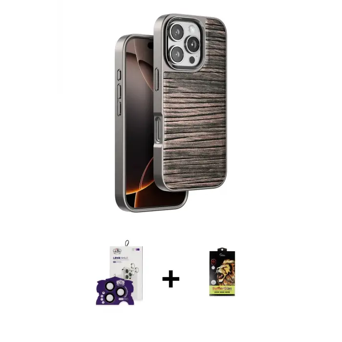 ieg™ iPhone 16 Pro Max Kılıf Atlas Minimal Özel Seri - Siyah Buffer Cam Ekran Koruyucu + Bilvis Titan Kamera Lens - SH