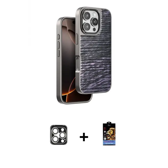 ieg™ iPhone 16 Pro Max Kılıf Atlas Minimal Özel Seri - Siyah Buffer Hayalet Cam Ekran Koruyucu + PVD Metal Kamera Lens - GS