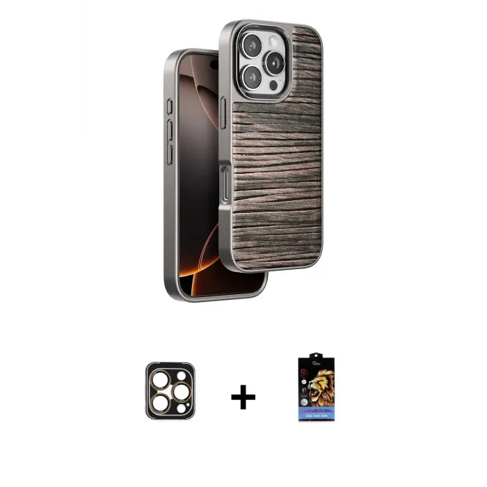 ieg™ iPhone 16 Pro Max Kılıf Atlas Minimal Özel Seri - Siyah Buffer Hayalet Cam Ekran Koruyucu + PVD Metal Kamera Lens - GD