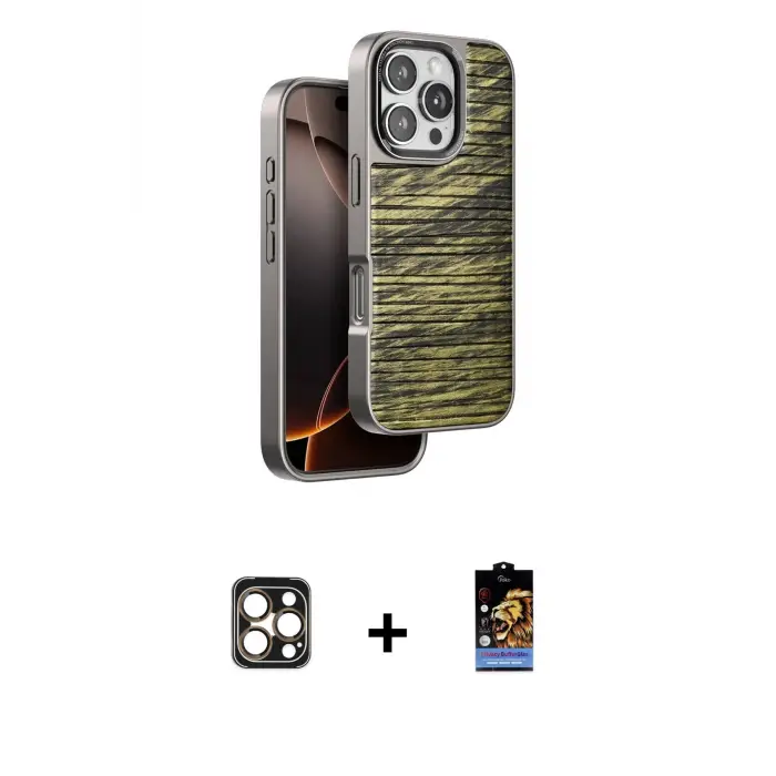ieg™ iPhone 16 Pro Max Kılıf Atlas Minimal Özel Seri - Siyah Buffer Hayalet Cam Ekran Koruyucu + PVD Metal Kamera Lens - GD