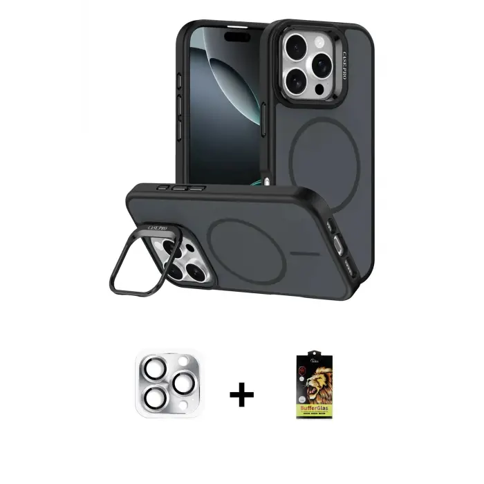 ieg™ iPhone 16 Pro Max Kılıf Çekirdek Klasik - Siyah Buffer Cam Ekran Koruyucu + Pers Alüminyum Kamera Lens - GS