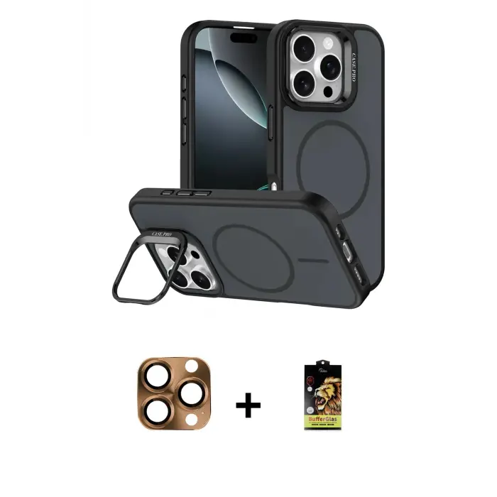 ieg™ iPhone 16 Pro Max Kılıf Çekirdek Klasik - Siyah Buffer Cam Ekran Koruyucu + Pers Alüminyum Kamera Lens - CLTM