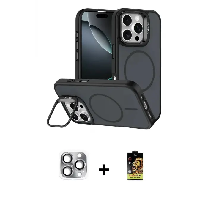 ieg™ iPhone 16 Pro Max Kılıf Çekirdek Klasik - Siyah Buffer Cam Ekran Koruyucu + Pers Alüminyum Kamera Lens - GI
