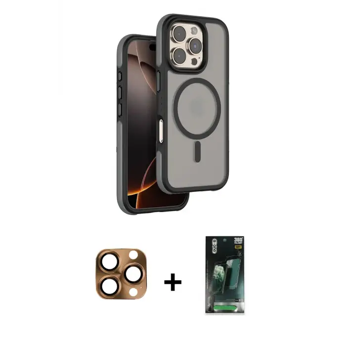 ieg™ iPhone 16 Pro Max Kılıf Çekirdek Minimal Prime - Siyah 360 Mat Full Body Arka Koruyucu + Pers Alüminyum Kamera Lens - CLTM
