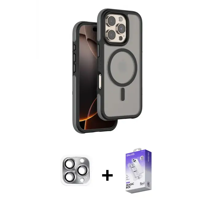ieg™ iPhone 16 Pro Max Kılıf Çekirdek Minimal Prime - Siyah Bilvis 5in1 3D Magic Cam Ekran Koruyucu + Pers Alüminyum Kamera Lens - GI