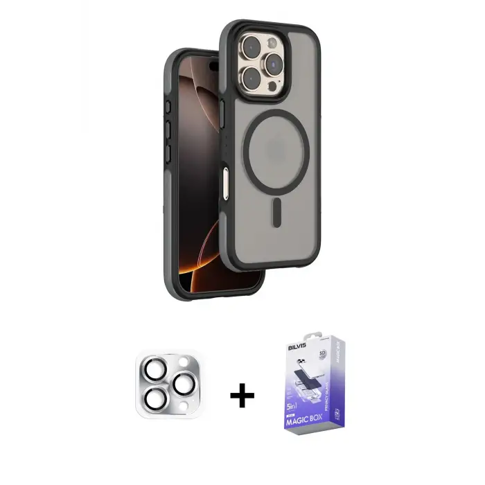 ieg™ iPhone 16 Pro Max Kılıf Çekirdek Minimal Prime - Siyah Bilvis 5in1 5D Magic Hayalet Cam Ekran Koruyucu + Pers Alüminyum Kamera Lens - GS
