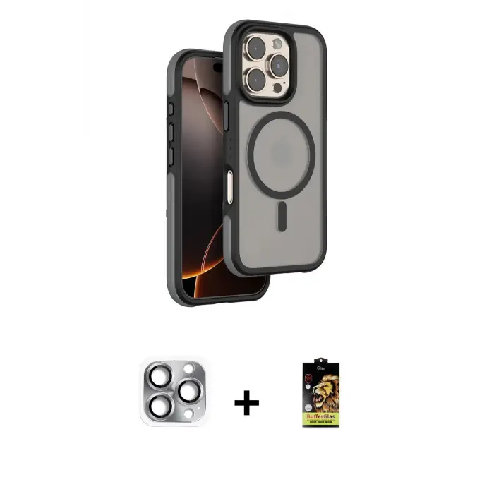 ieg™ iPhone 16 Pro Max Kılıf Çekirdek Minimal Prime - Siyah Buffer Cam Ekran Koruyucu + Pers Alüminyum Kamera Lens - GI
