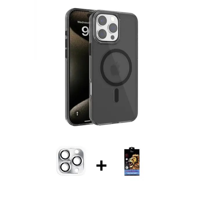 ieg™ iPhone 16 Pro Max Kılıf Doruk Doku Özel Seri - Siyah Buffer Hayalet Cam Ekran Koruyucu + Pers Alüminyum Kamera Lens - GS