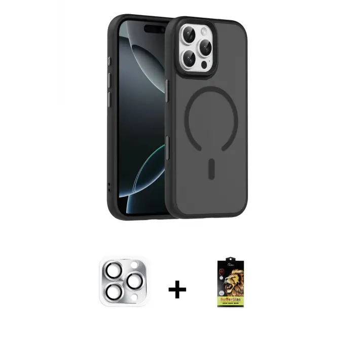 ieg™ iPhone 16 Pro Max Kılıf Doruk Form Serisi - Siyah Buffer Cam Ekran Koruyucu + Pers Alüminyum Kamera Lens - GS