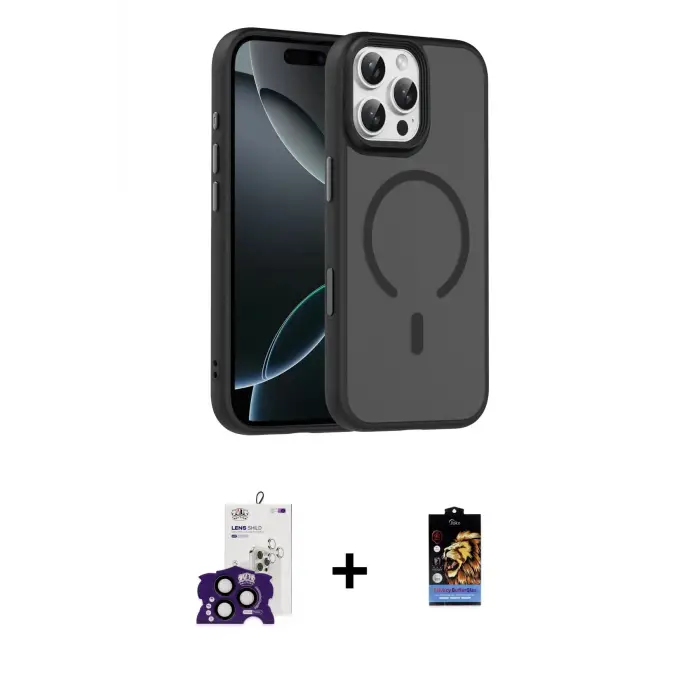 ieg™ iPhone 16 Pro Max Kılıf Doruk Form Serisi - Siyah Buffer Hayalet Cam Ekran Koruyucu + Bilvis Titan Kamera Lens - SH