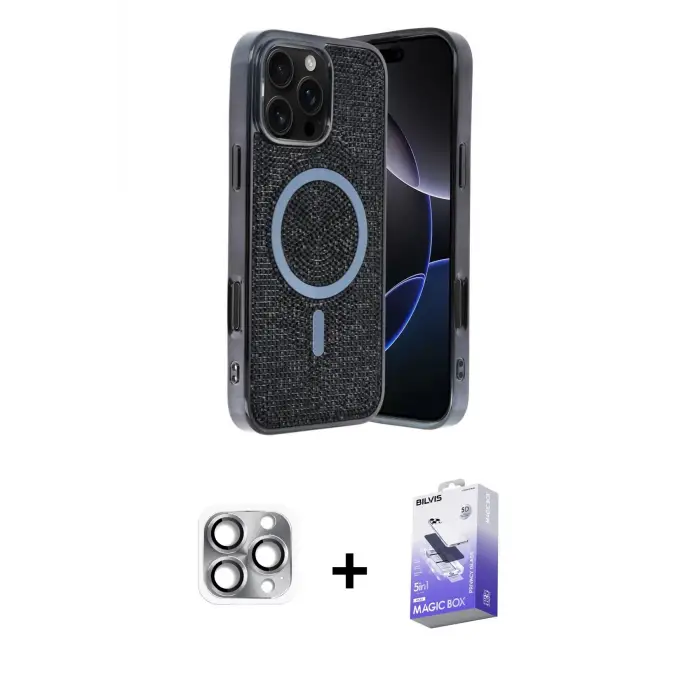 ieg™ iPhone 16 Pro Max Kılıf Eksen Çizgi - Siyah Bilvis 5in1 5D Magic Hayalet Cam Ekran Koruyucu + Pers Alüminyum Kamera Lens - GI