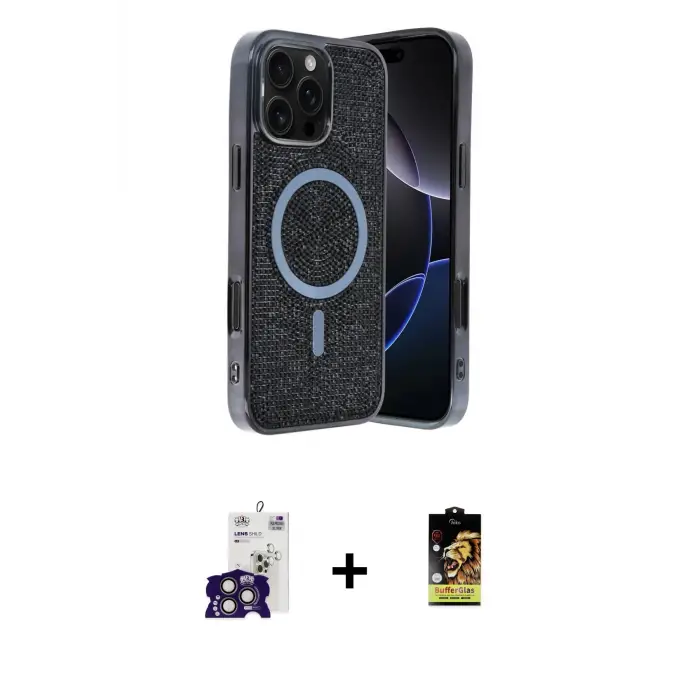 ieg™ iPhone 16 Pro Max Kılıf Eksen Çizgi - Siyah Buffer Cam Ekran Koruyucu + Bilvis Titan Kamera Lens - TMGI