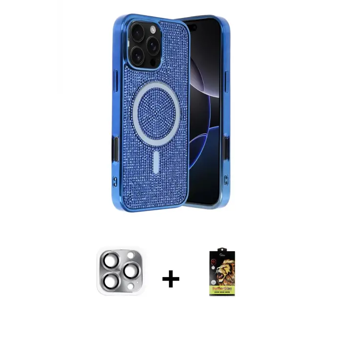 ieg™ iPhone 16 Pro Max Kılıf Eksen Çizgi - Siyah Buffer Cam Ekran Koruyucu + Pers Alüminyum Kamera Lens - GI